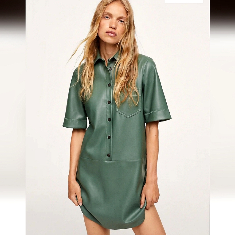 Mango sage green faux leather shift dress